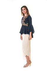 Hand Embroidered Peplum Top with Bell Sleeves & Dhoti Pant