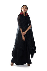 Black Crop Top & Draped Skirt Set with a Hand Emroidered Tie-Up Cape