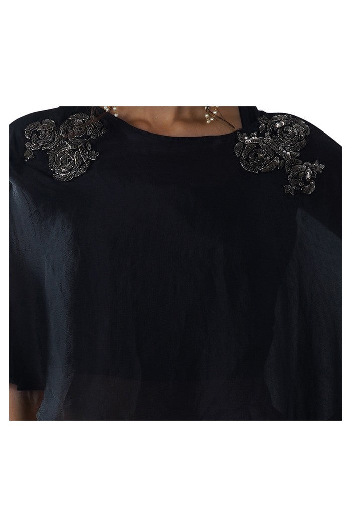 Rose Embroidered Black Crop Top & Sharara Set