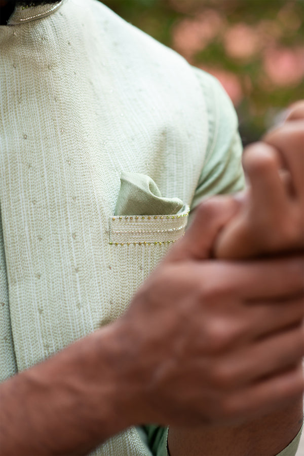 Mint Green Bandi Jacket with Stitchlines and leaf pattern embroidery