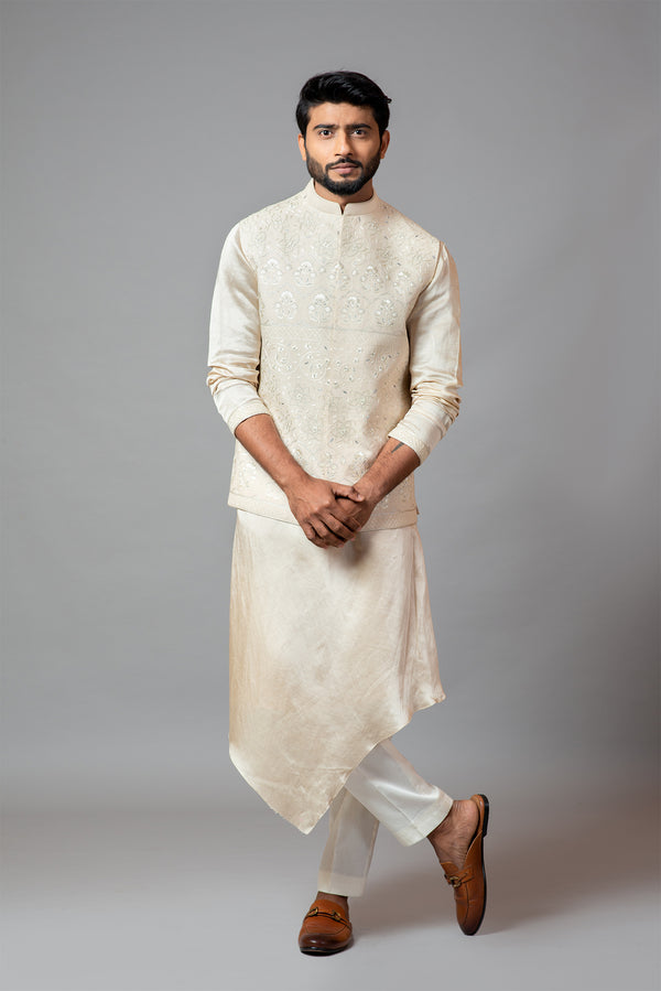 Cream Kora Fully Embroidered Nehru.