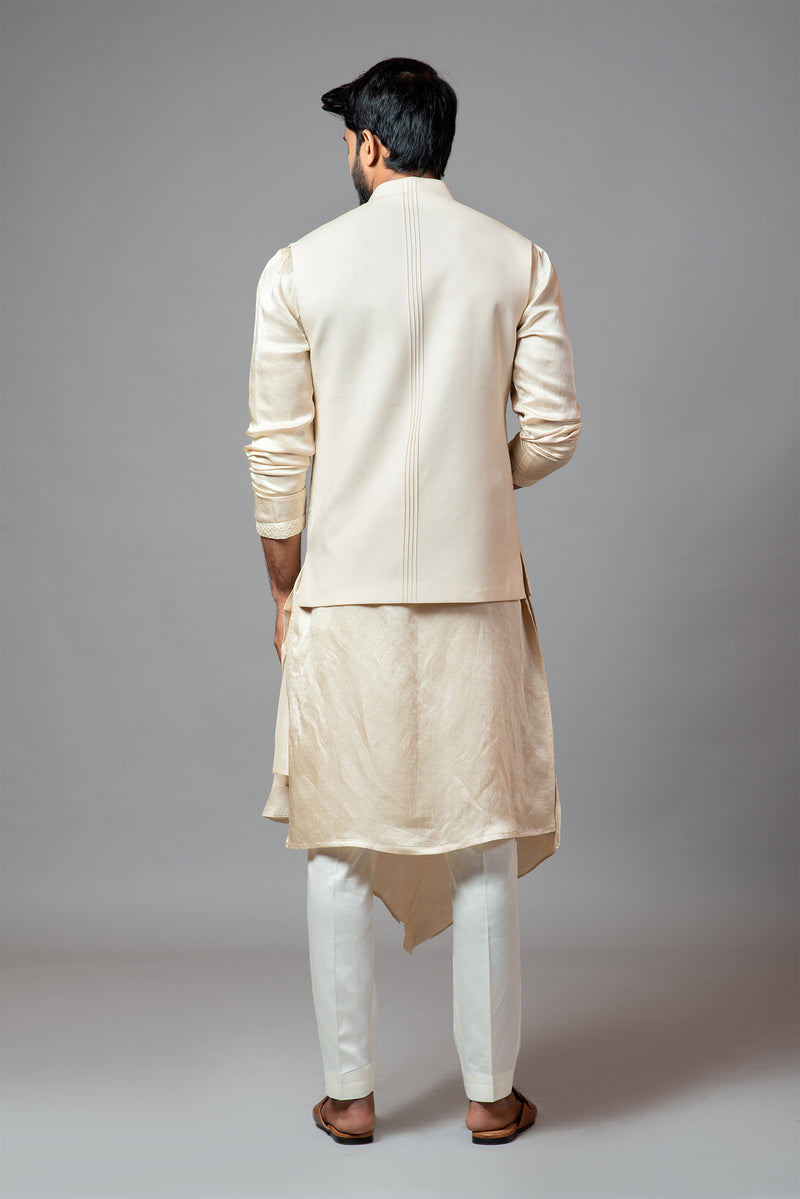 Cream Kora fully Embroidered Nehru Paired With Drape Kurta And Pant Pajama Set