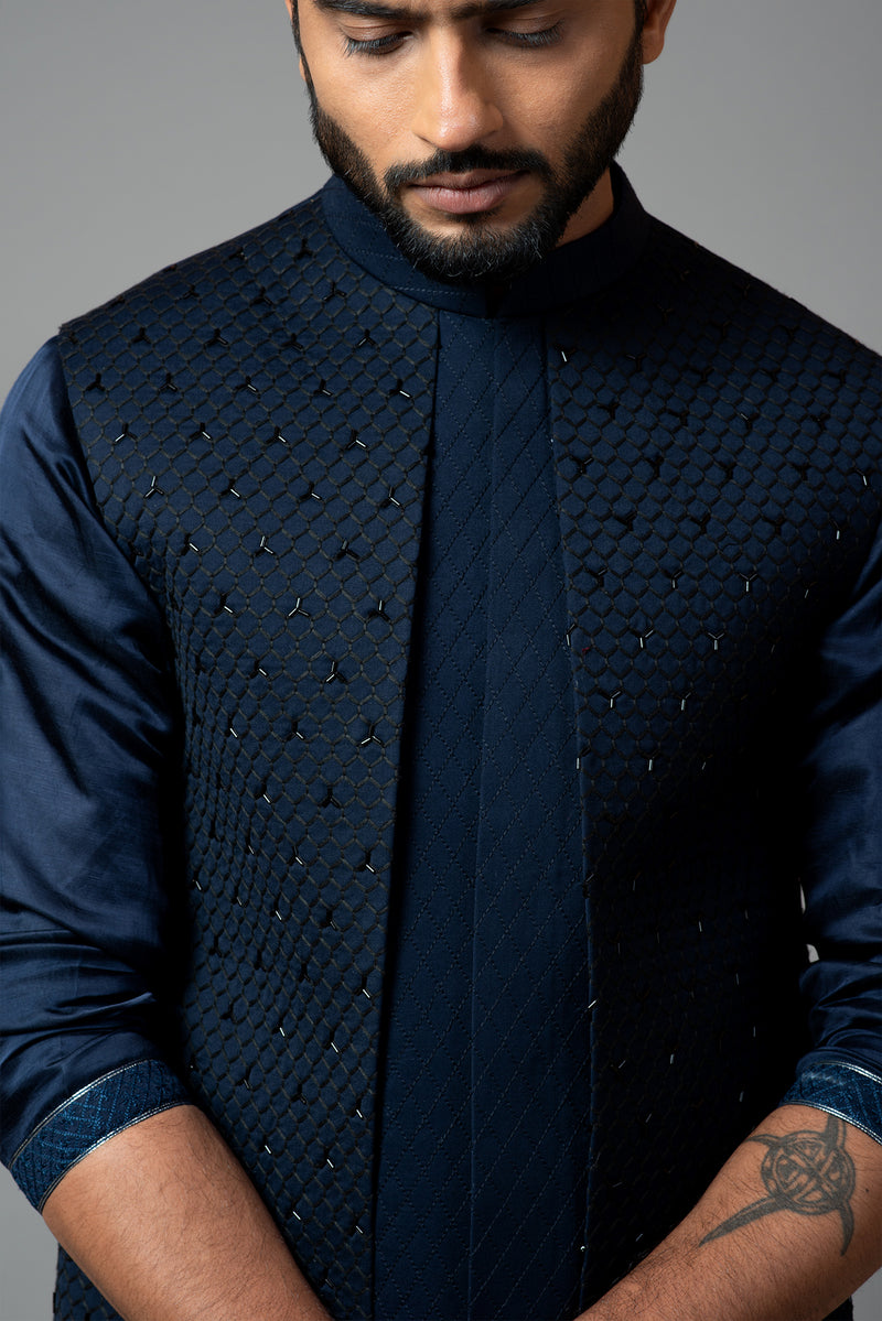 Navy blue Nehru jacket with Honeycomb pattern embroidery highlighted with panel detailing.