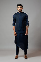 Navy blue Nehru jacket with Honeycomb pattern embroidery highlighted with panel detailing.