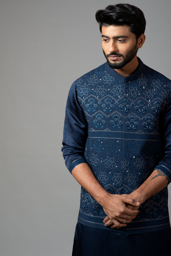 Navy Blue Kora Nehru  Jacket with Mughal Inspired Embroidery.