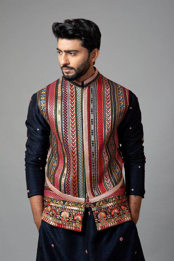 Multicolour Fully Embroidered Chikankari Nehru Jacket