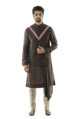 Soil Brown Bandi in Linen Satin with Linear Embroidery in Pastel coloured Silk Threads. Paired with a Soil Brown Kurta with Dupatta Drape and Pintucks Detailing and Cream Pant Style Pajamas.