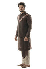 Soil Brown Bandi in Linen Satin with Linear Embroidery in Pastel coloured Silk Threads. Paired with a Soil Brown Kurta with Dupatta Drape and Pintucks Detailing and Cream Pant Style Pajamas.
