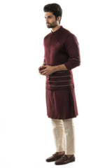 Featuring Red Wine Bandi in Linen Satin with Printed Cord Detailing and Geometric Motif Embroidery Nehru Kurta Set