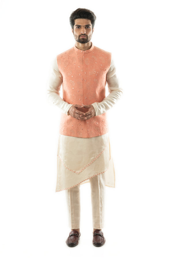 Peach Nehru with Overall Tonal Embroidery