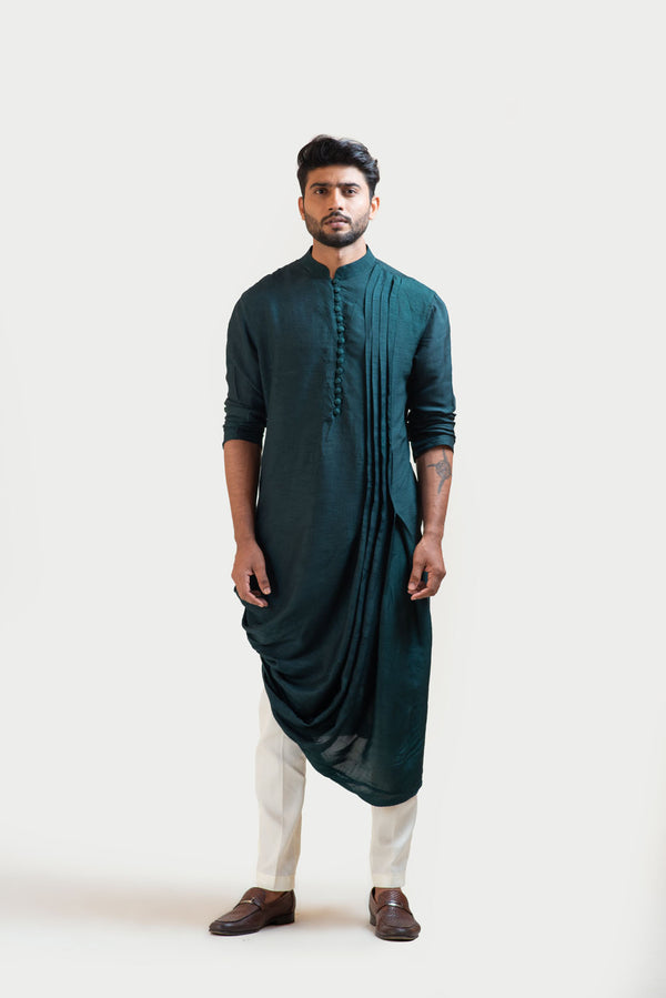 Green Silk Draped Kurta Set