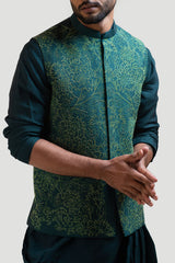 Green Silk Draped Kurta Set with a Moss Green Embroidered Nehru