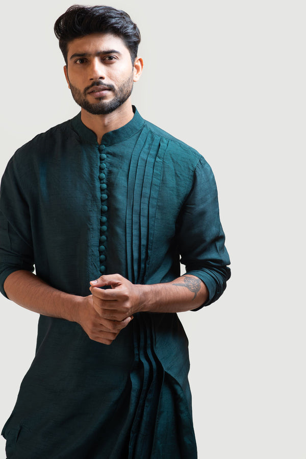 Green Silk Draped Kurta Set