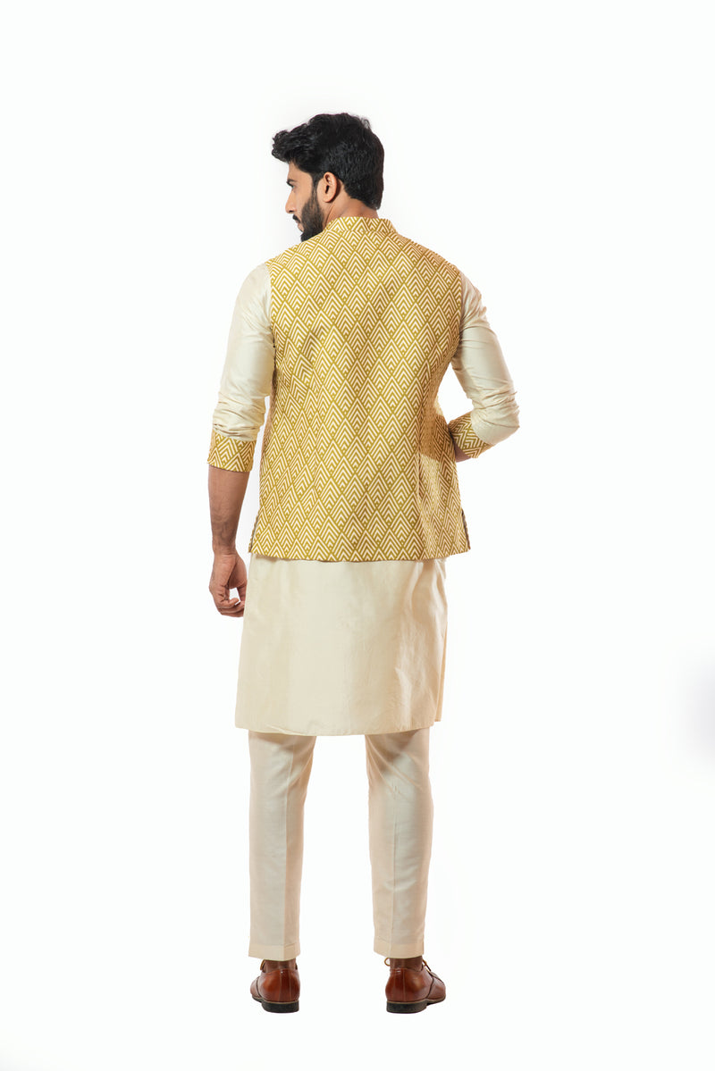 Printed Mustard yellow nehru jaket and kurta set