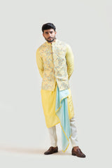 Yellow Silk Kurta with a Mirror Nehru & a Detachable Stole Drape