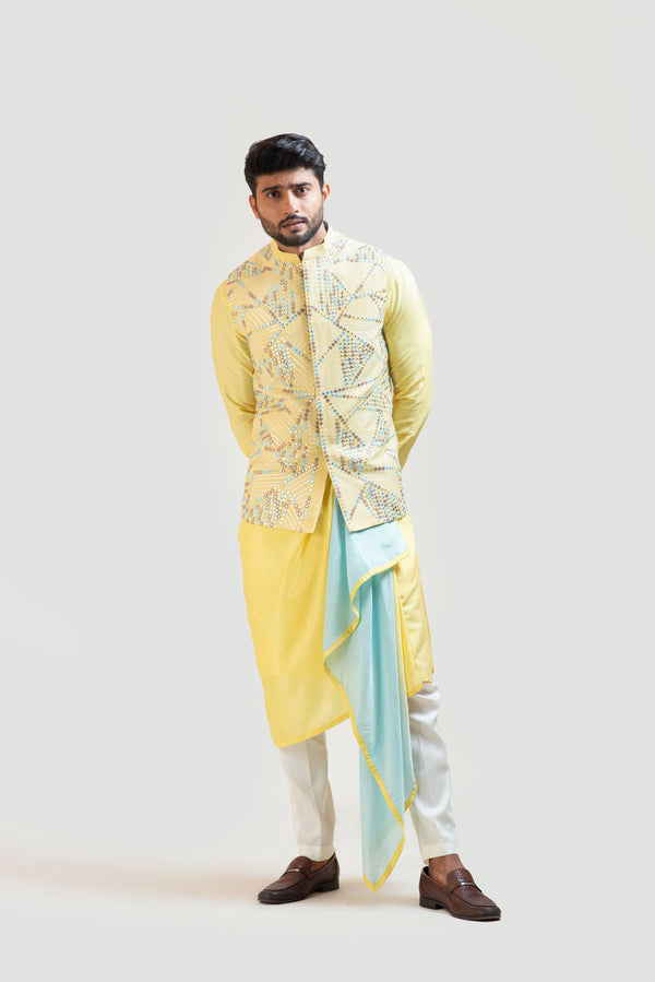 Yellow Silk Kurta with a Mirror Nehru & a Detachable Stole Drape