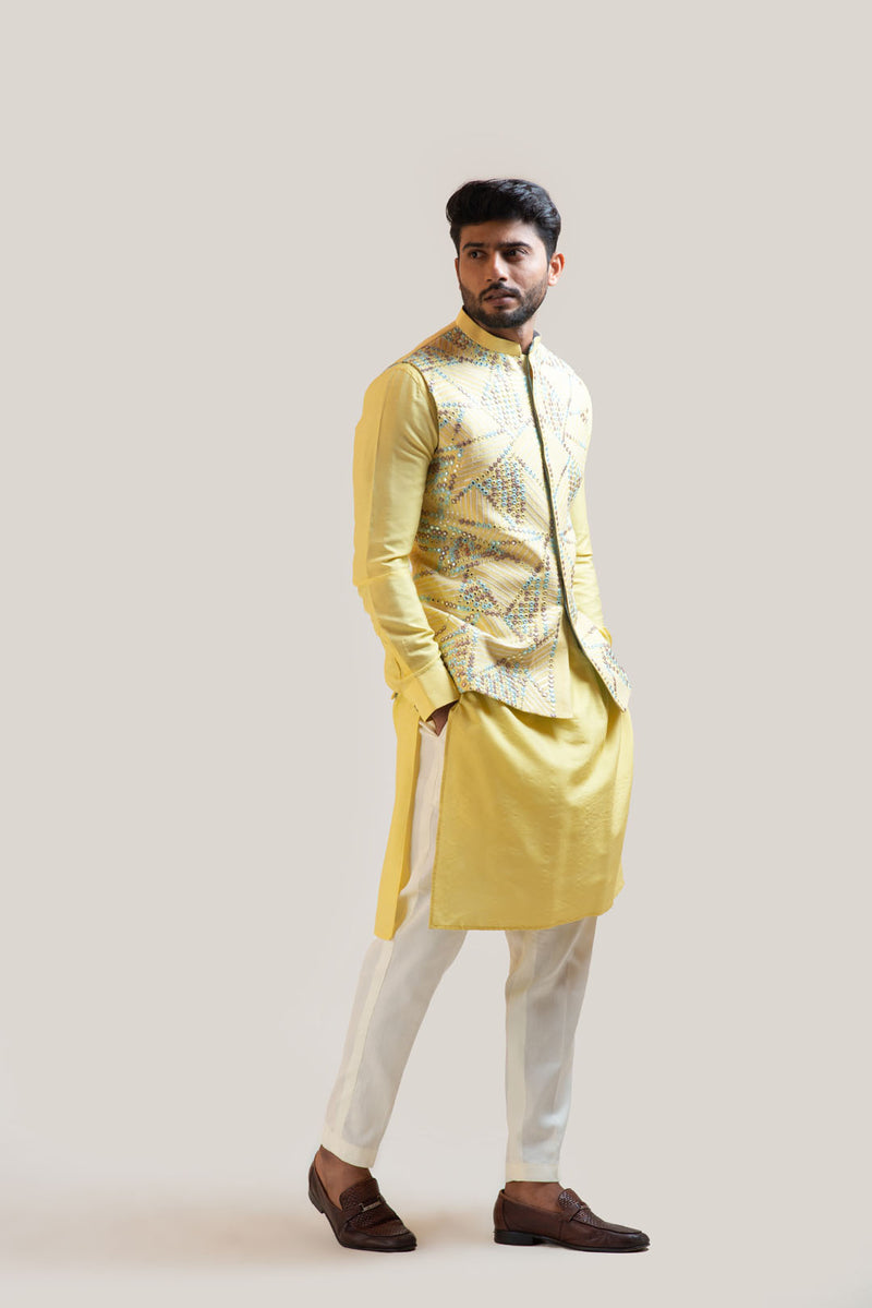 Yellow Silk Kurta Set with a Mirror work Nehru