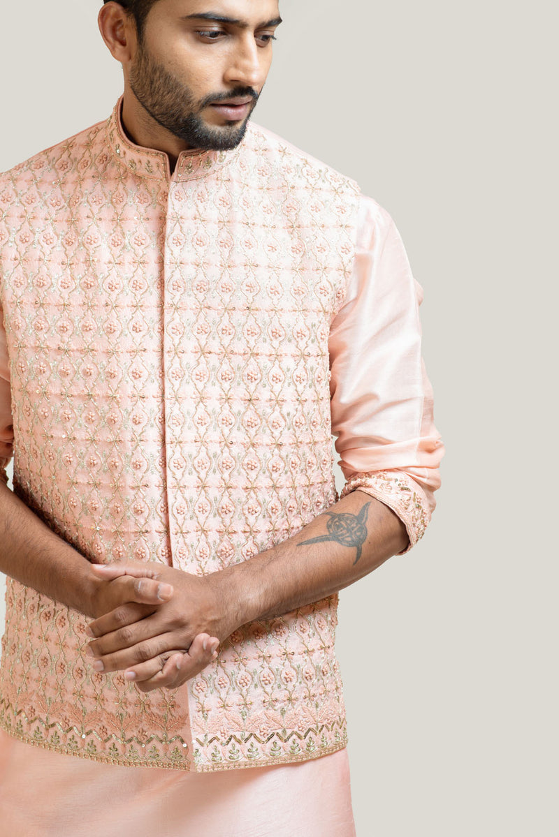 Peach Hand Embroidered Kurta Set with an Embellished Nehru