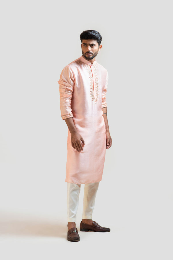 Peach Hand Embroidered Silk Kurta Set