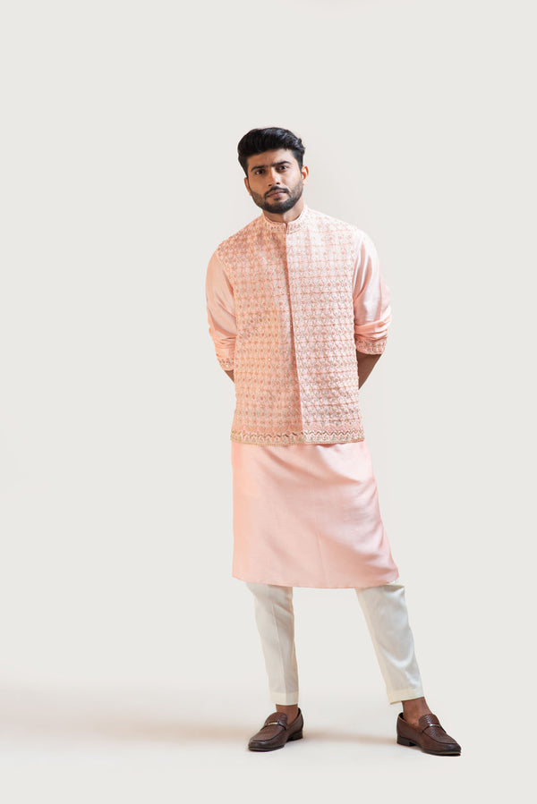 Peach Hand Embroidered Nehru