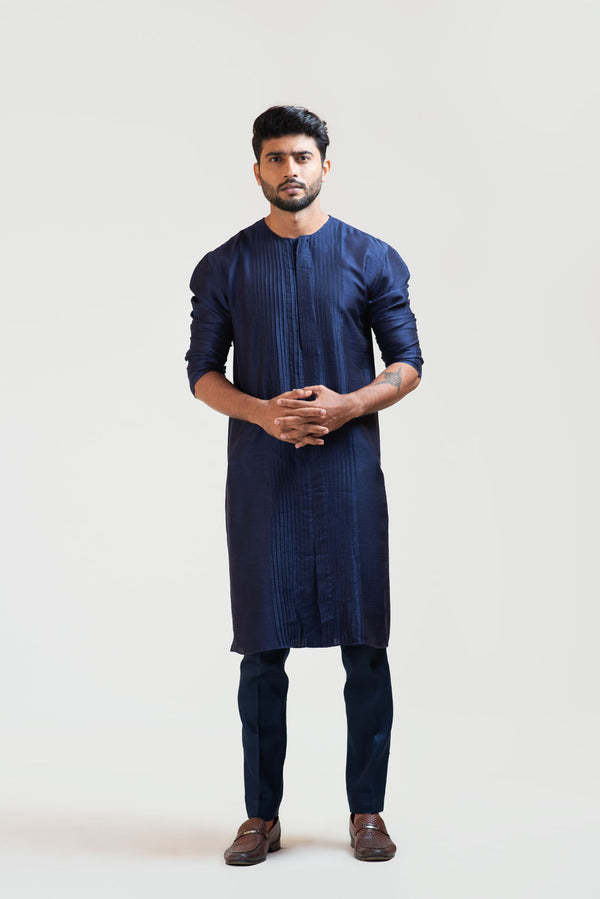 Navy Blue Front Open Silk Kurta Set