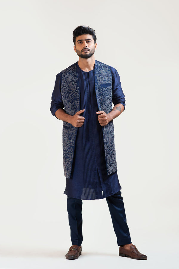 Navy Blue Front Open Silk Kurta Set with a Navy Blue Embroidered Long Jacket