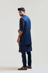 Navy Blue Front Open Silk Kurta Set with a Navy Blue Embroidered Long Jacket