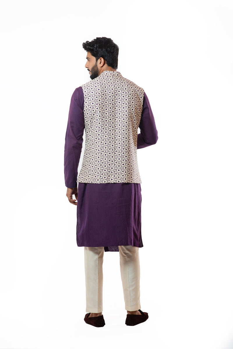 Printed nehru jacket with draped kurta set