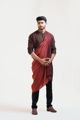 Brown Embroidered Khadi Kurta Set with a Detachable Ombre Draped Stole