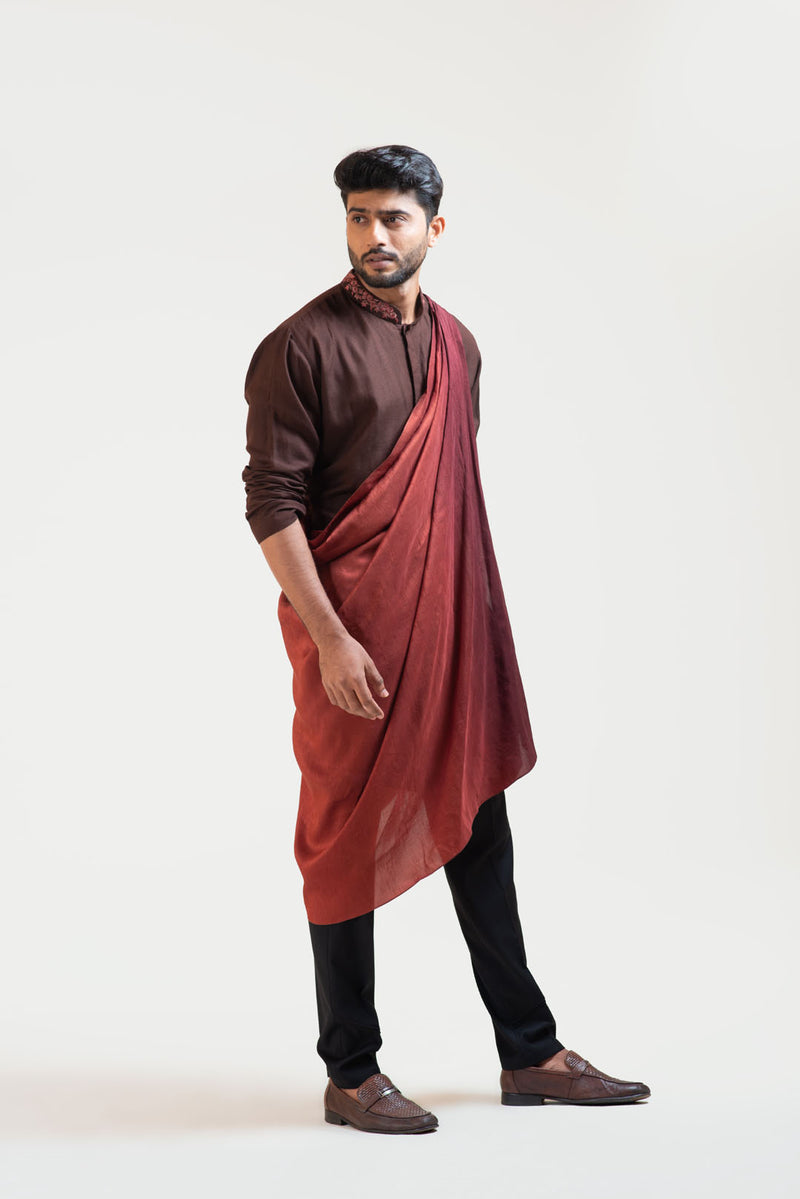 Brown Embroidered Khadi Kurta Set with a Detachable Ombre Draped Stole