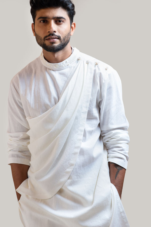 Ivory Draped Kurta Set with an Embroidered Neckline
