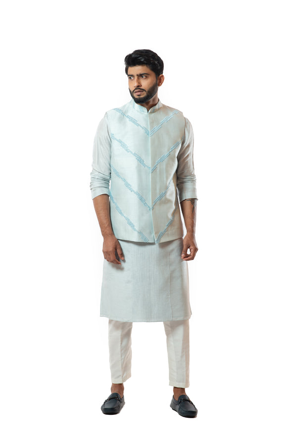 Ice blue pintuck straight kurta set with embroidered nehru jacket