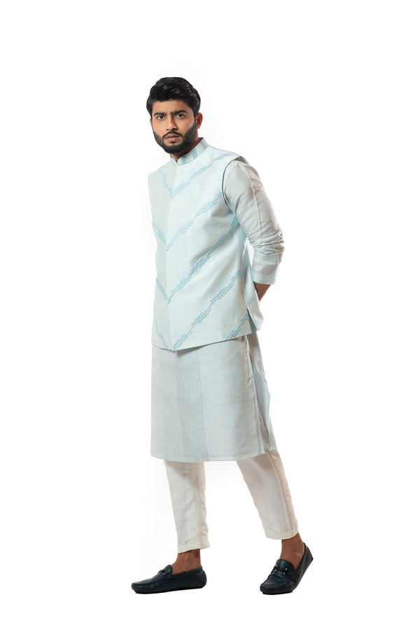 Ice blue pintuck straight kurta set with embroidered nehru jacket