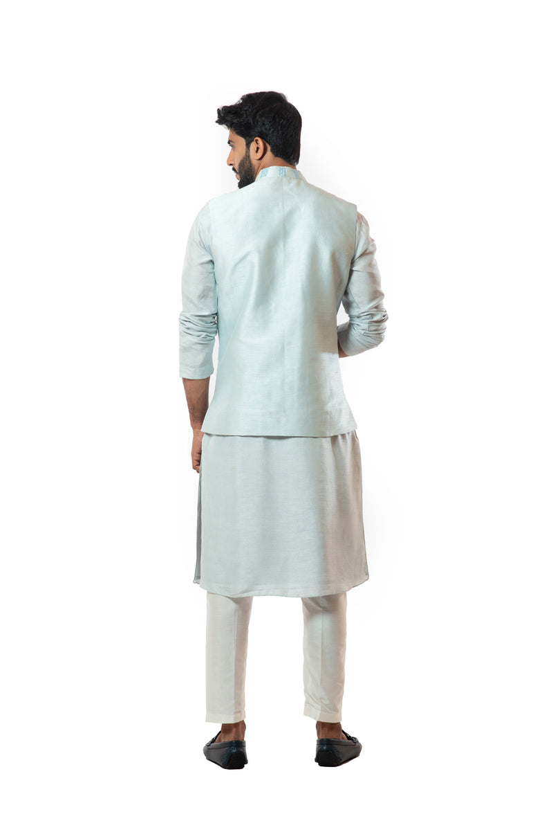 Ice blue pintuck straight kurta set with embroidered nehru jacket