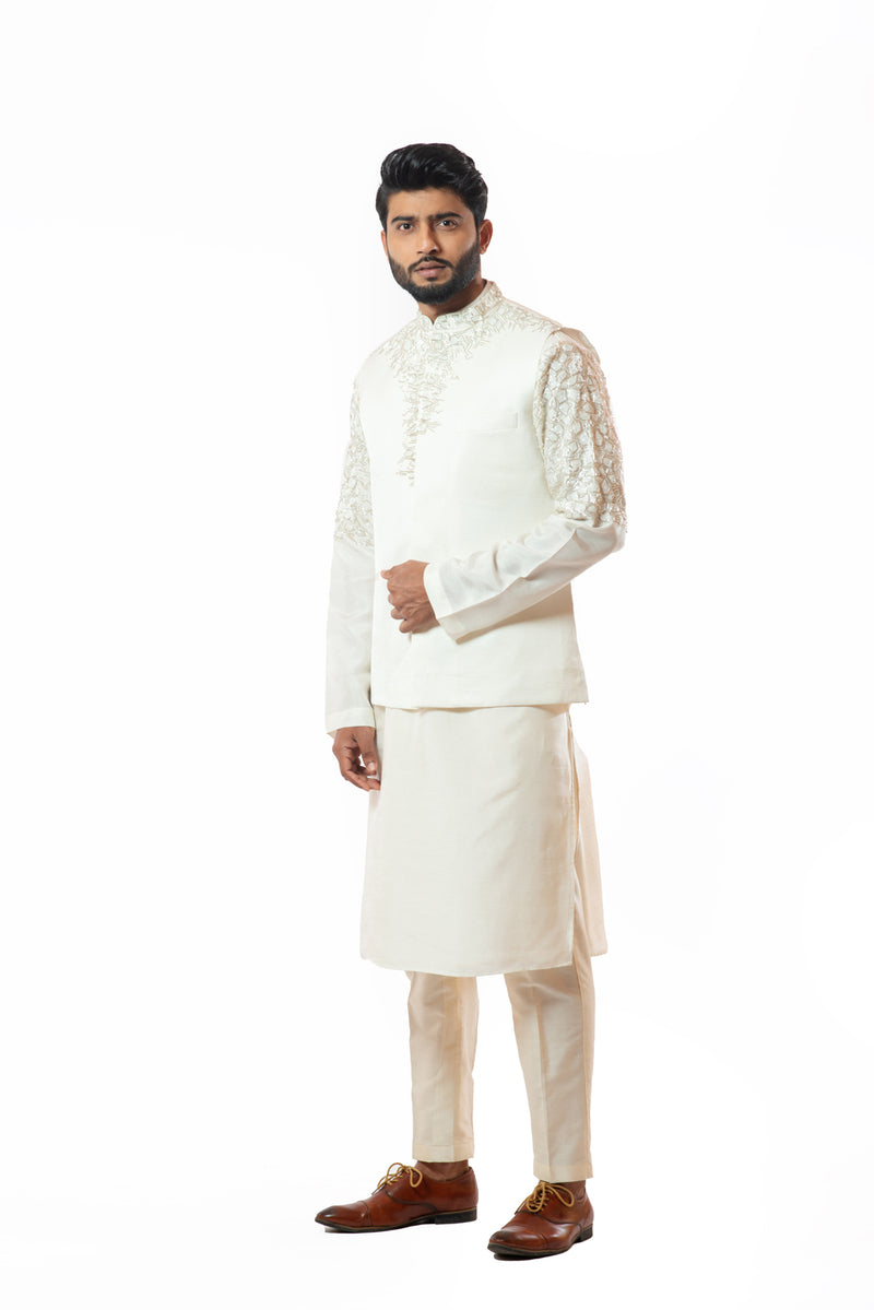 Ivory embroidered nehru jacket and kurta set