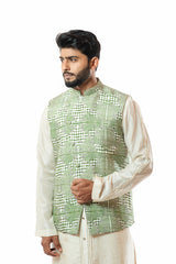 Forest green printed nehru jacket with ivory front open kurta set