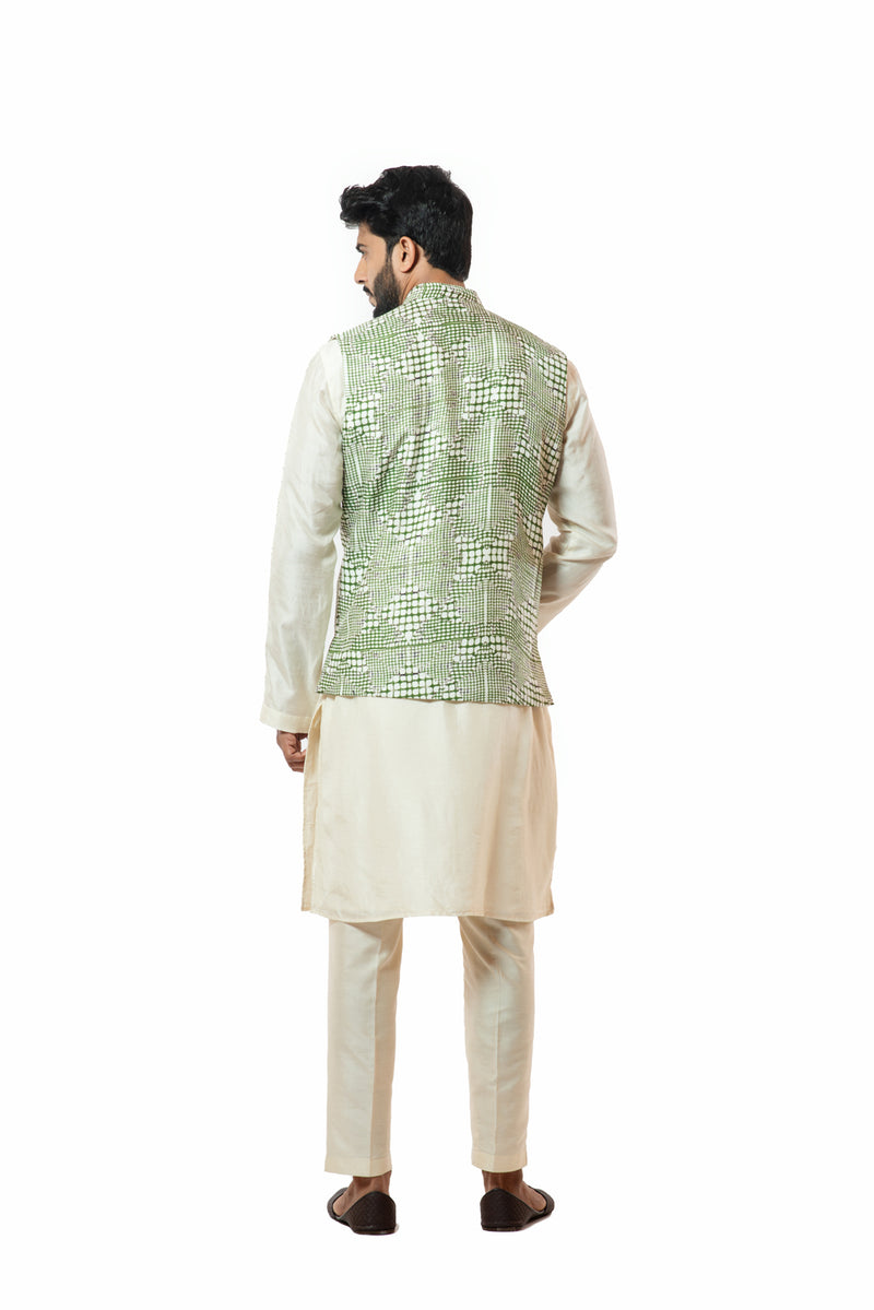 Forest green printed nehru jacket with ivory front open kurta set