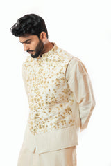 Soft Cream Nehru jacket and kurta set with hand embroidery.