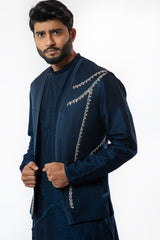 Embroidered navy blue Nehru jacket