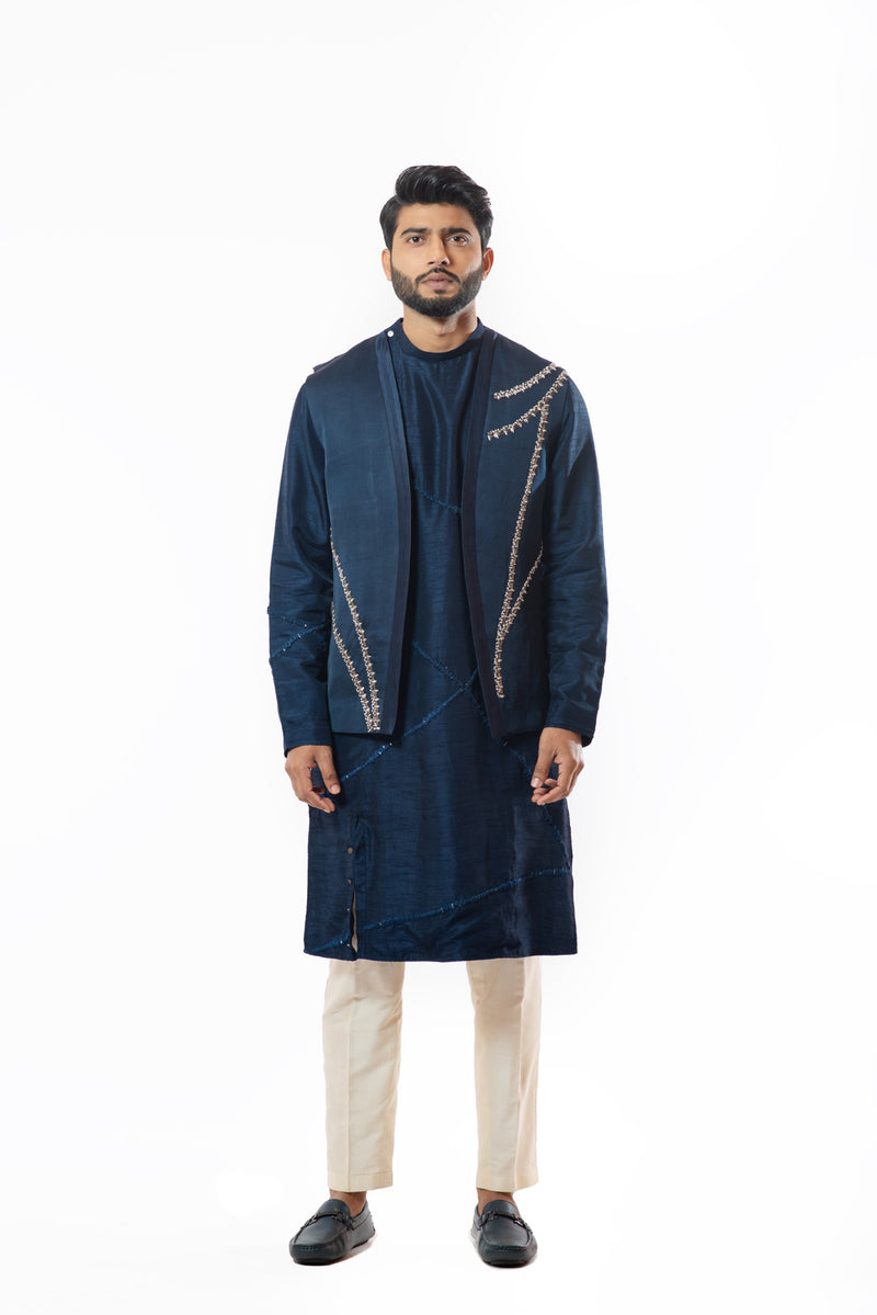 Embroidered navy blue Nehru jacket kurta set