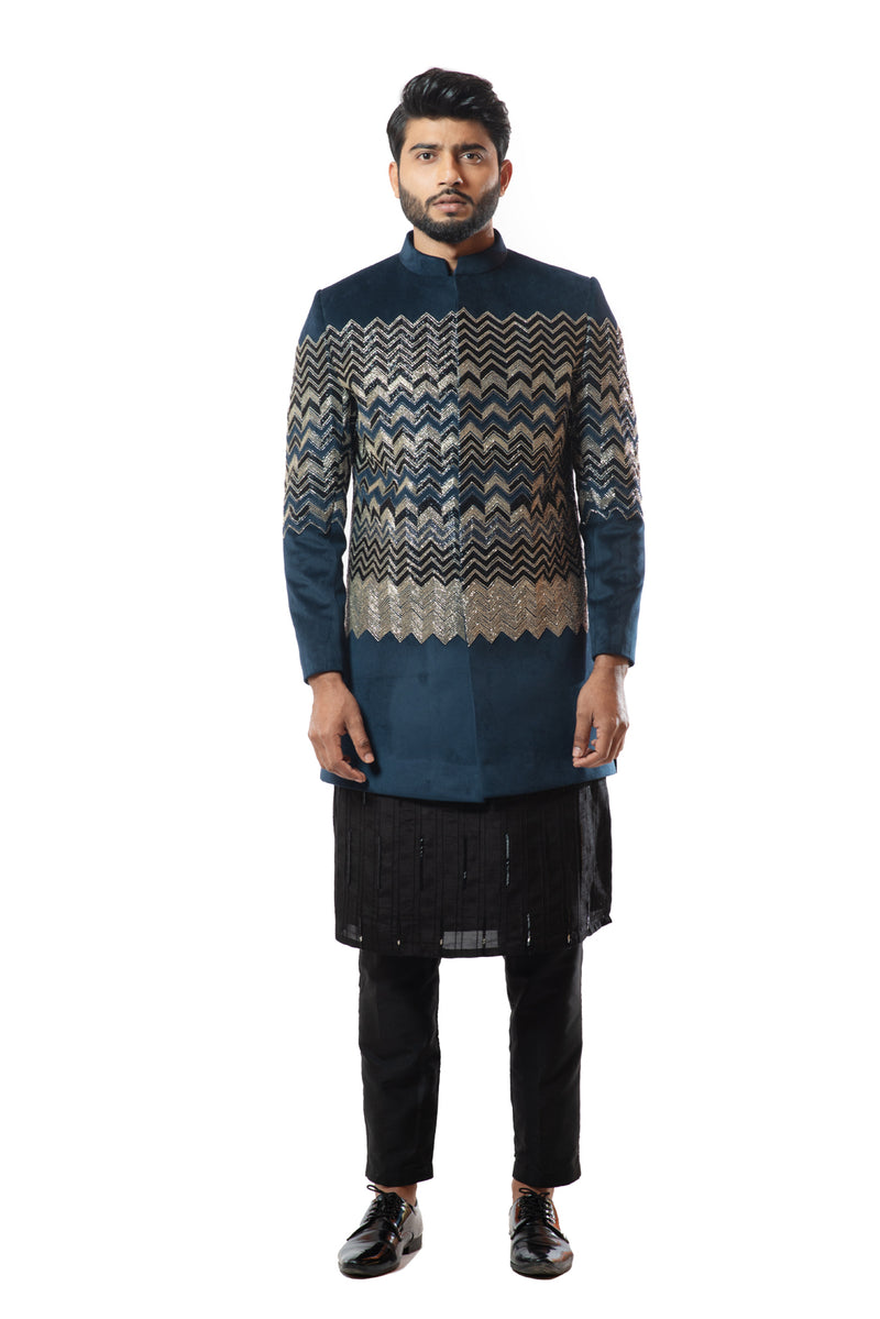 Deep blue velvet heavily embroidered bandhgala