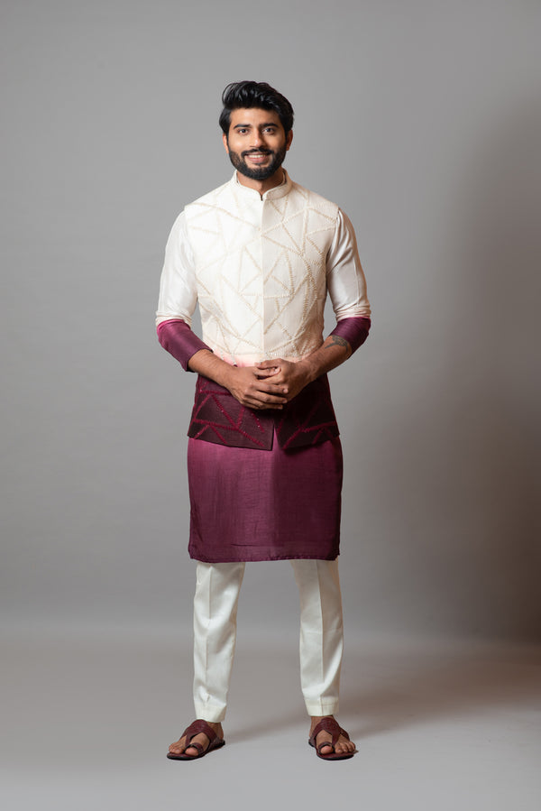 Ivory and wine ombre embroidered nehru jacket