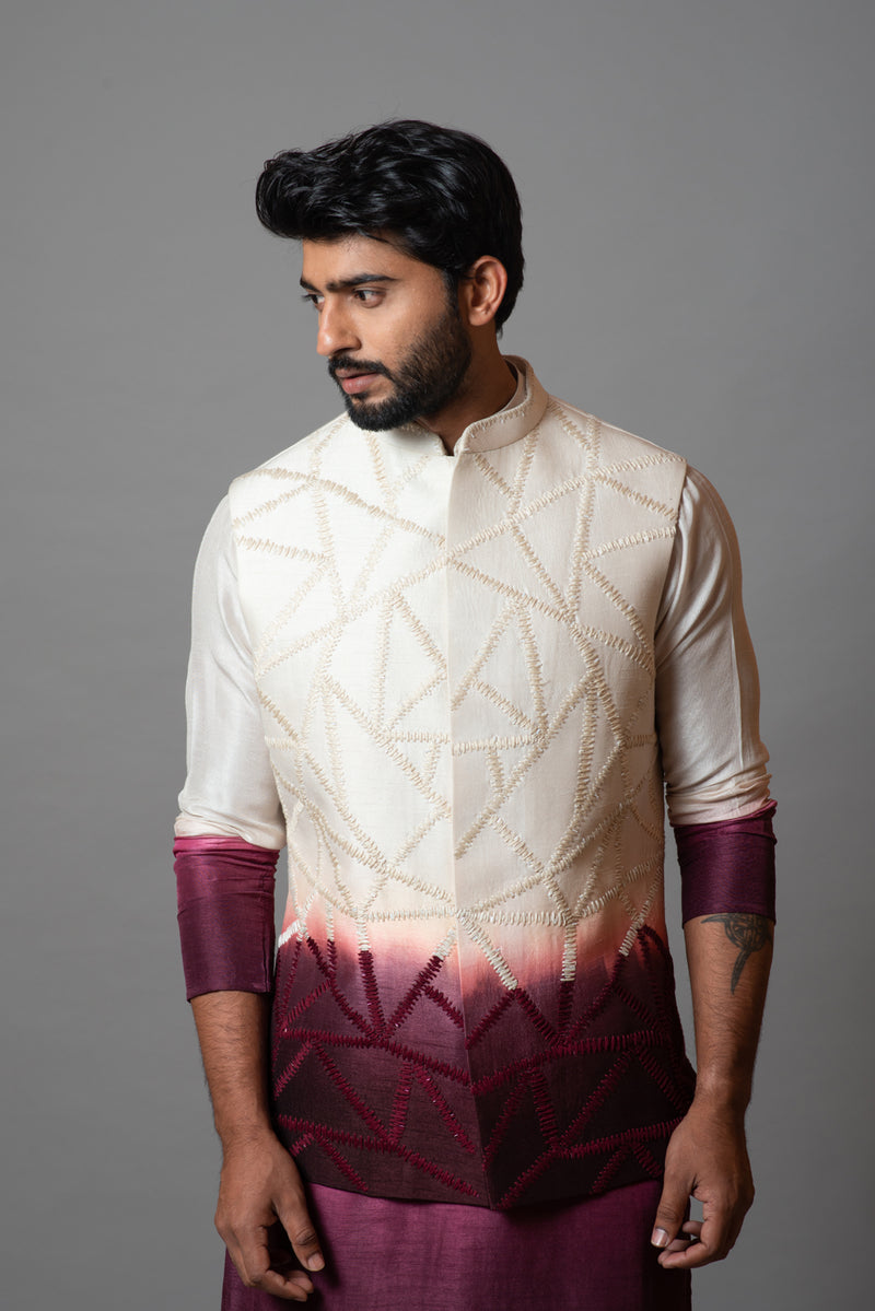 Ivory and wine ombre embroidered nehru jacket