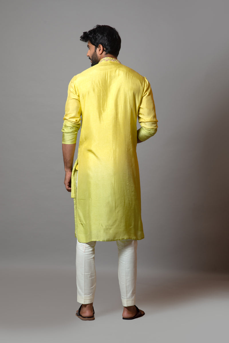 Yellow lime ombre embroidered kurta set