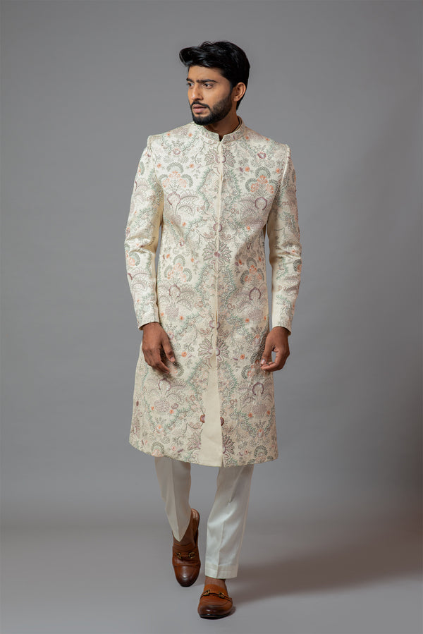 Multicolour Jaal Work Sherwani with Pant Pajama Set