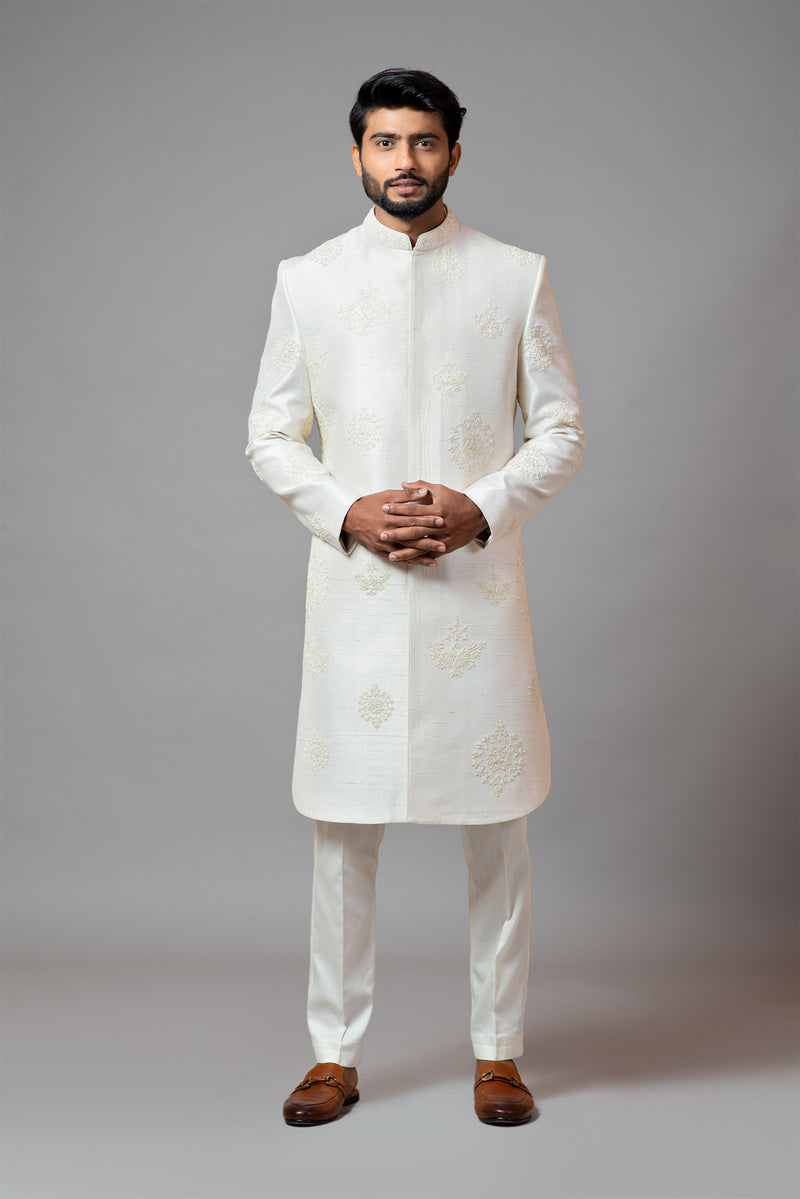 White Embroidered Sherwani Set