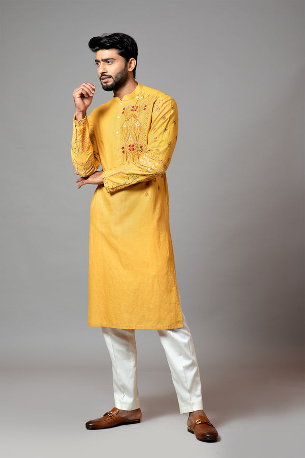 Mustard With Red Flower Embroidered Kurta And Pant Pajama Set