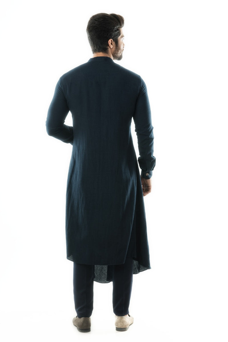 Navy Blue Sufi Style Layered Kurta paired with paired with a Navy Pant Pajama