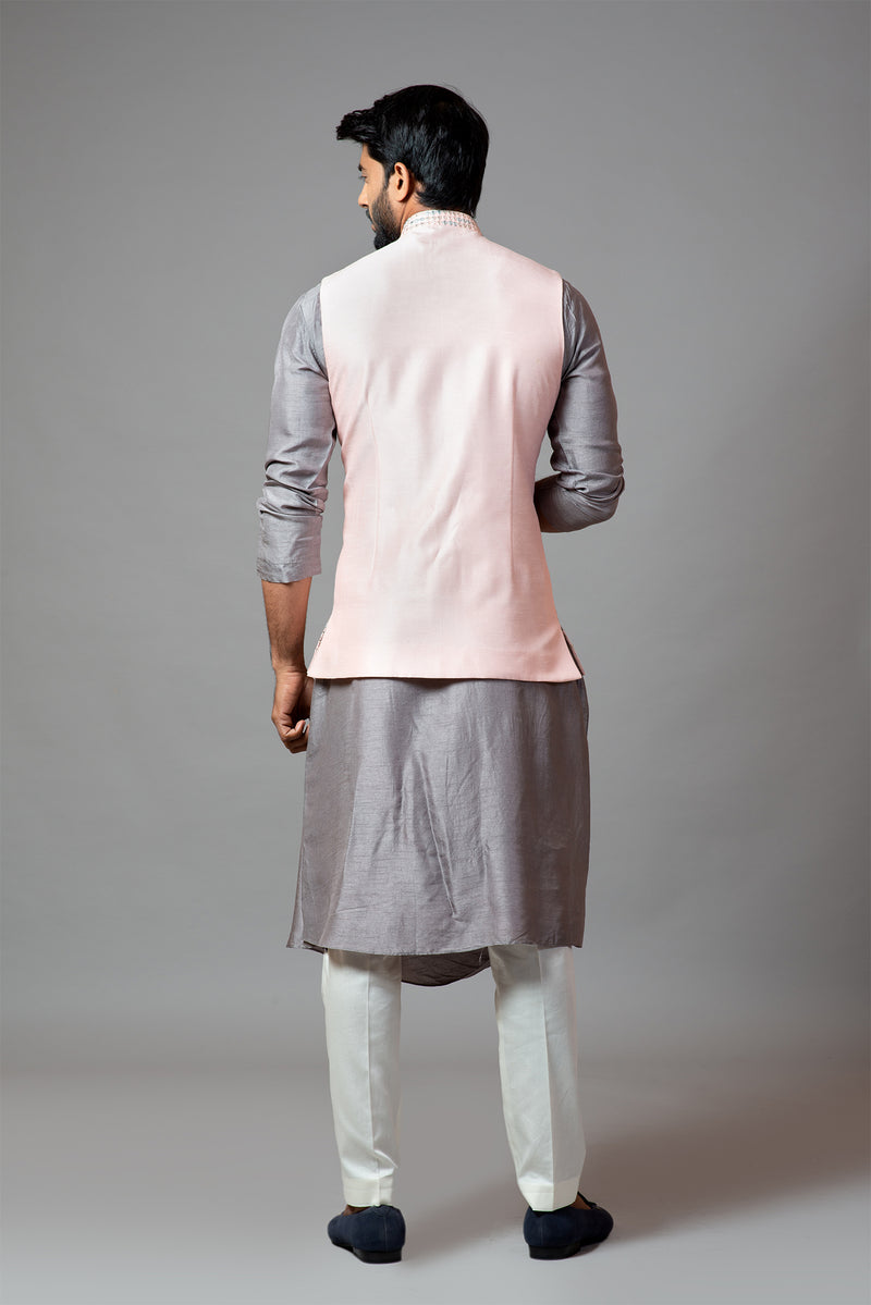 Powder Pink Nehru Jacket with Geometric Mirrorwork Embroidery.