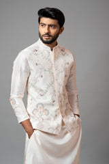 Baby pink Nehru jacket with Multi colour garden themed embroidery paired with tonal kurta and pant pajama Set
